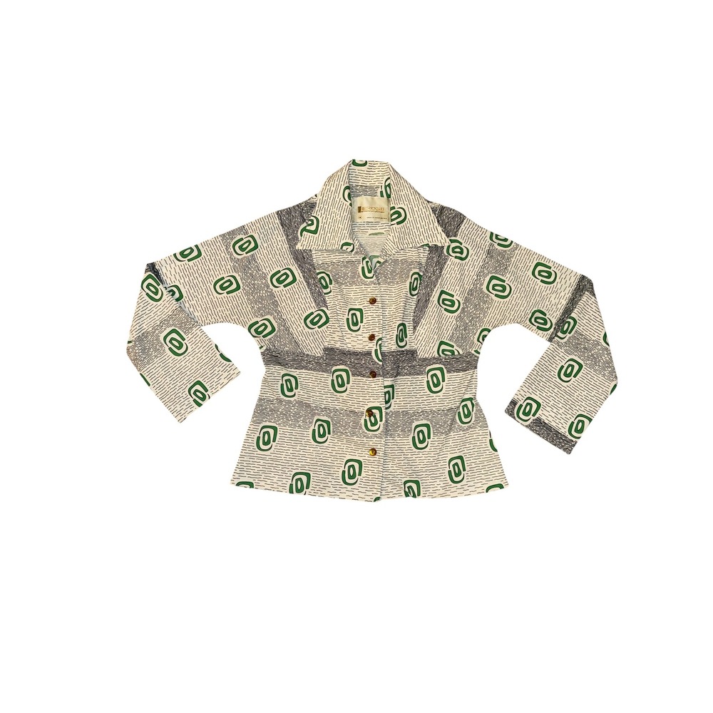 Lerose Button Up Blouse Womens 14 Green Grey Geometric Vintage Made in UK